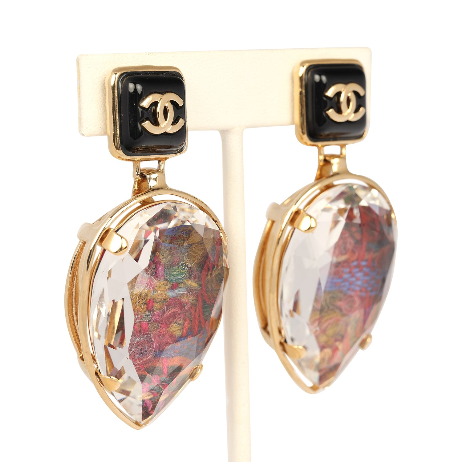 CHANEL TWEED DROP EARRINGS BLACK ENAMEL GOLD TONE HARDWARE