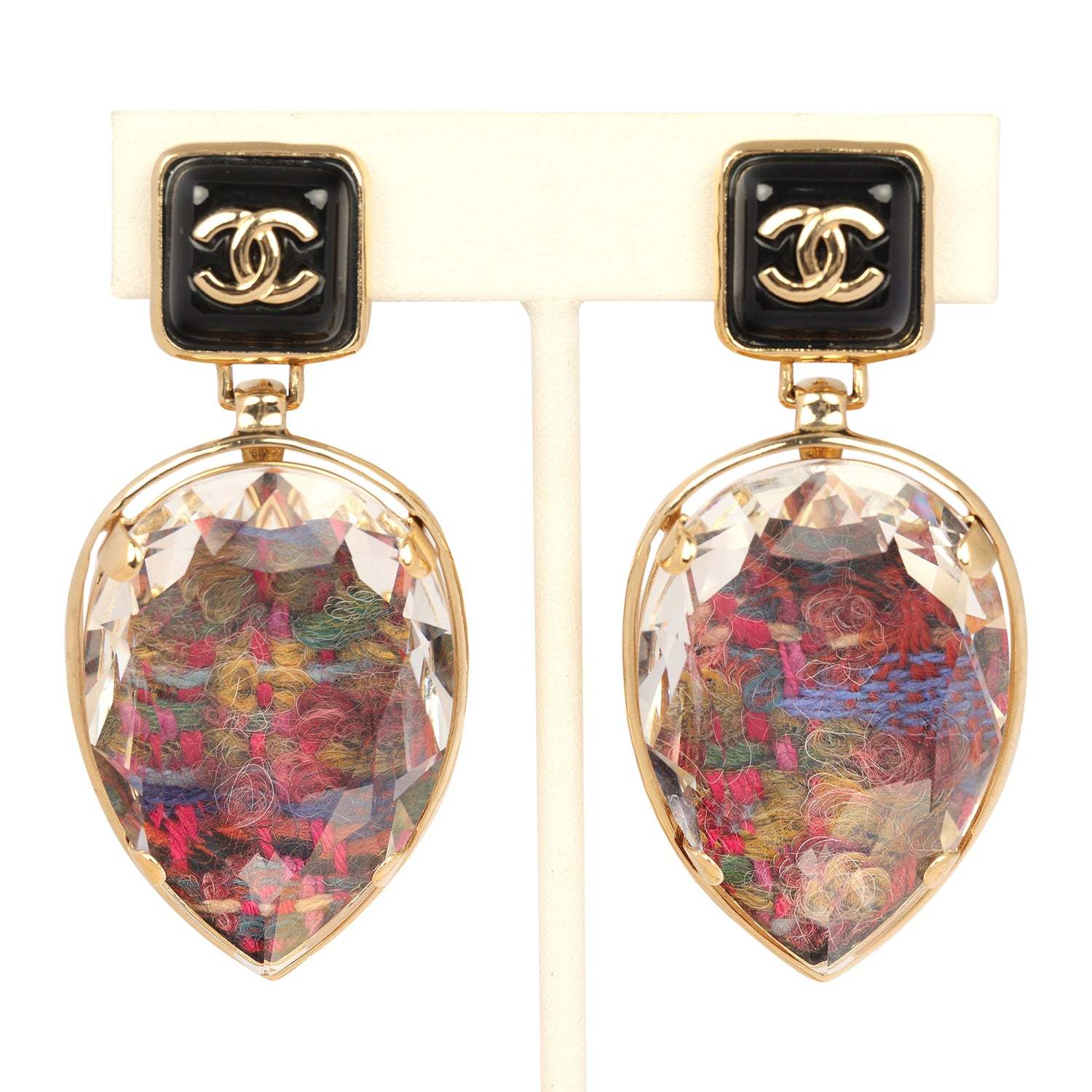 CHANEL TWEED DROP EARRINGS BLACK ENAMEL GOLD TONE HARDWARE