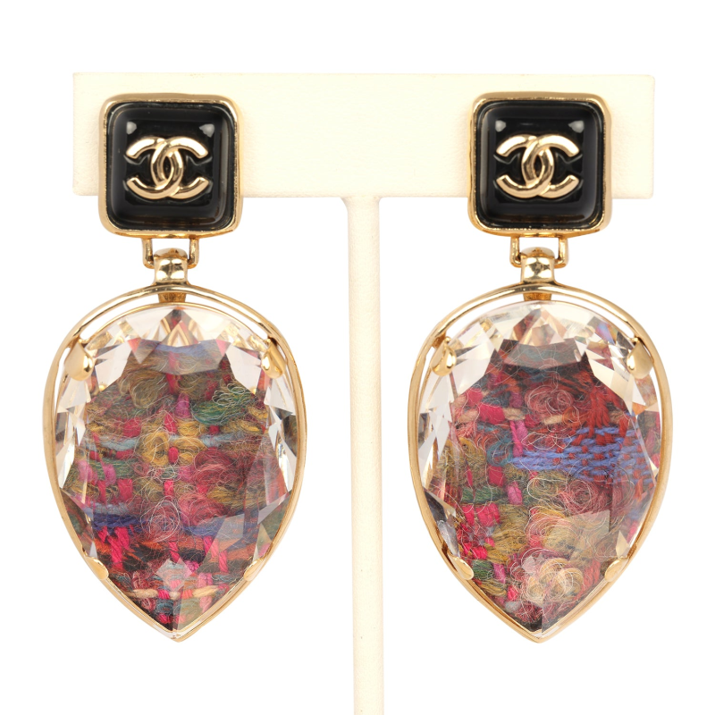 CHANEL TWEED DROP EARRINGS BLACK ENAMEL GOLD TONE HARDWARE