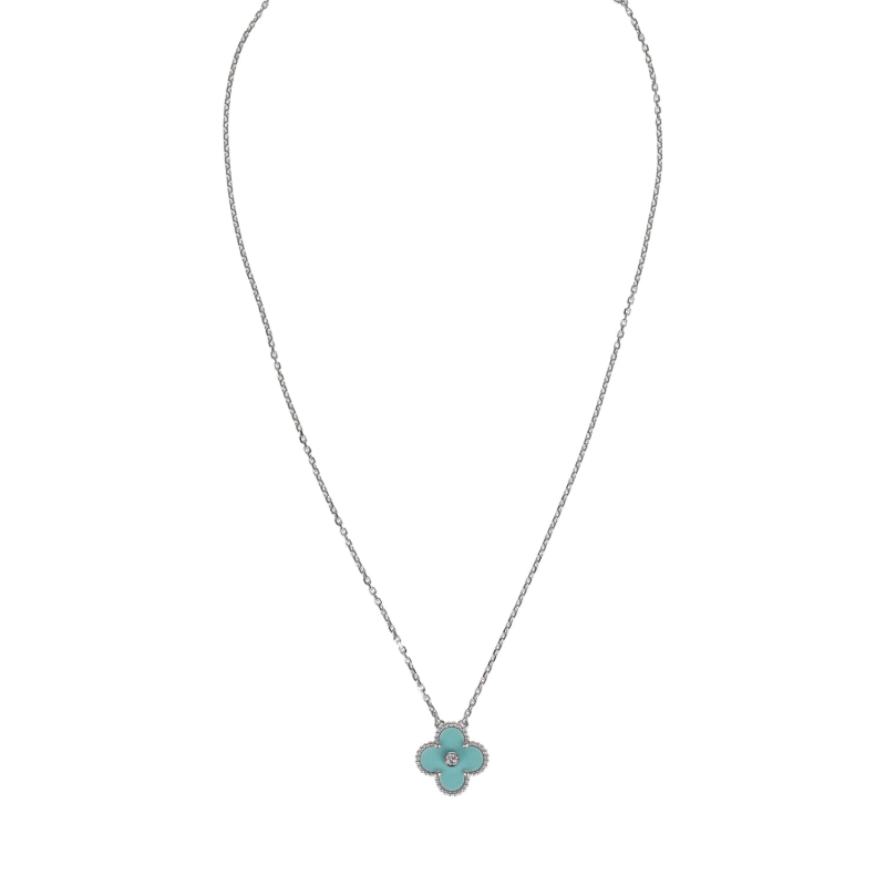 VAN CLEEF & ARPELS 2022 HOLIDAY VINTAGE ALHAMBRA PENDANT NECKLACE LIGHT GREEN CELADON SEVRES PORCELAIN & DIAMONDS WHITE GOLD