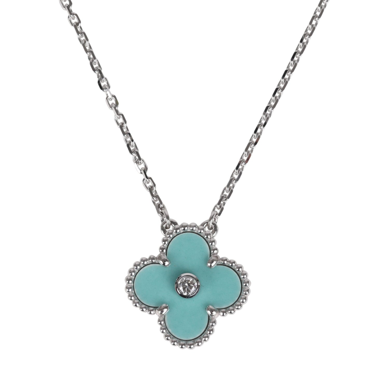 VAN CLEEF & ARPELS 2022 HOLIDAY VINTAGE ALHAMBRA PENDANT NECKLACE LIGHT GREEN CELADON SEVRES PORCELAIN & DIAMONDS WHITE GOLD