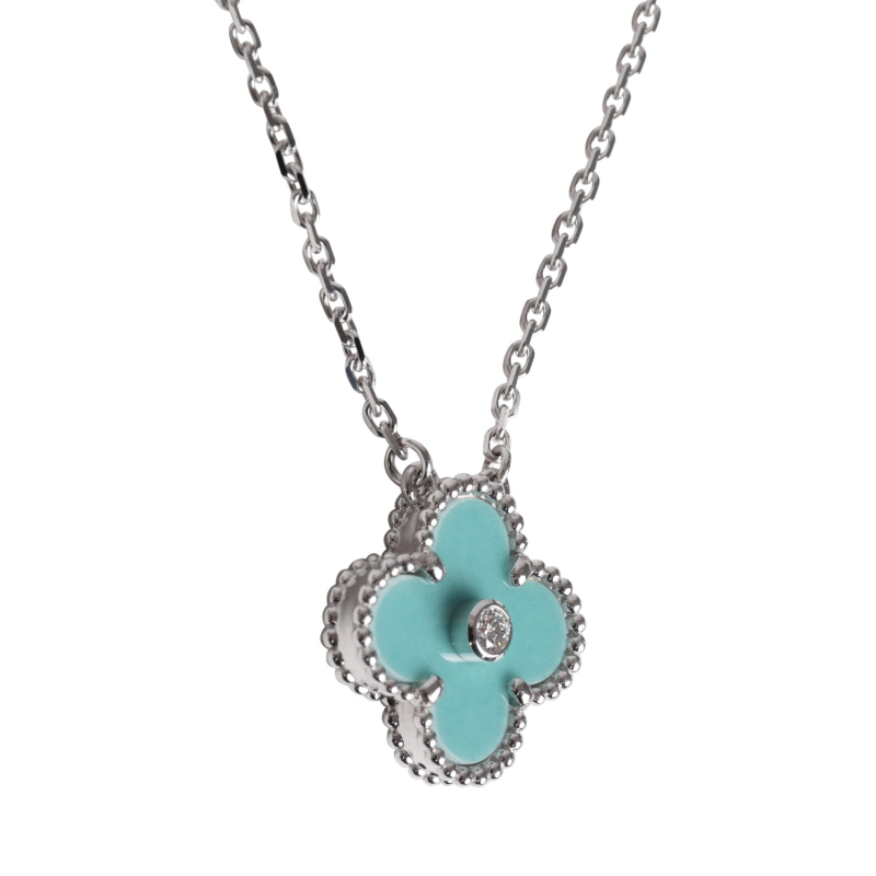 VAN CLEEF & ARPELS 2022 HOLIDAY VINTAGE ALHAMBRA PENDANT NECKLACE LIGHT GREEN CELADON SEVRES PORCELAIN & DIAMONDS WHITE GOLD