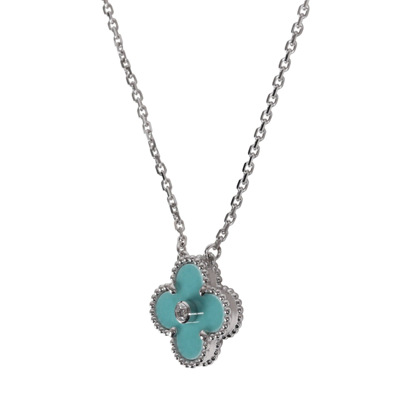 VAN CLEEF & ARPELS 2022 HOLIDAY VINTAGE ALHAMBRA PENDANT NECKLACE LIGHT GREEN CELADON SEVRES PORCELAIN & DIAMONDS WHITE GOLD