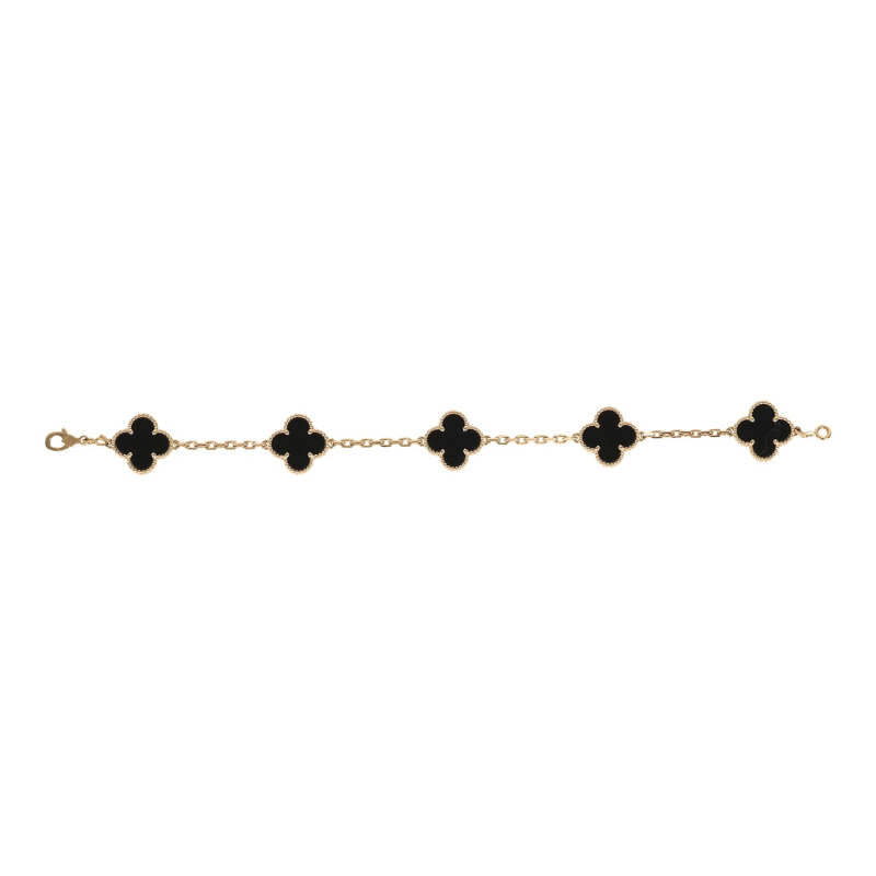 VAN CLEEF & ARPELS VINTAGE ALHAMBRA 5 MOTIF BRACELET ONYX 18K YELLOW GOLD