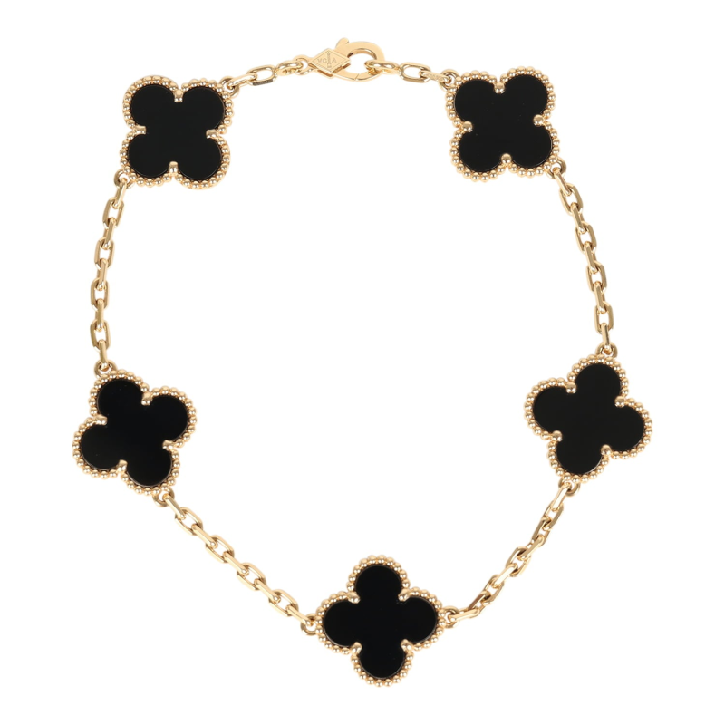 VAN CLEEF & ARPELS VINTAGE ALHAMBRA 5 MOTIF BRACELET ONYX 18K YELLOW GOLD