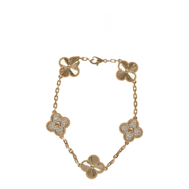 VAN CLEEF & ARPELS VINTAGE ALHAMBRA 5 MOTIF BRACELET DIAMONDS 18K YELLOW GOLD GUILLOCHE