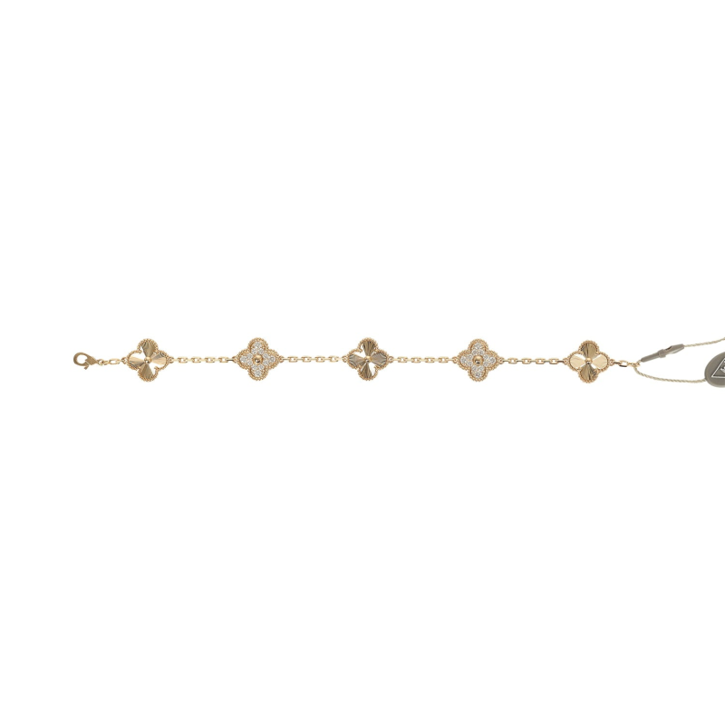 VAN CLEEF & ARPELS VINTAGE ALHAMBRA 5 MOTIF BRACELET DIAMONDS 18K YELLOW GOLD GUILLOCHE