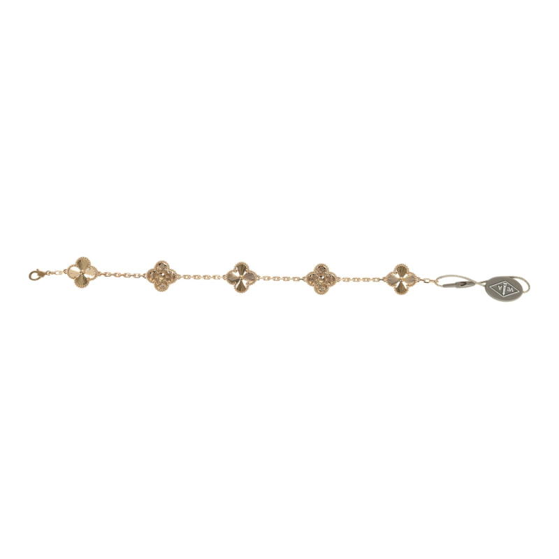 VAN CLEEF & ARPELS VINTAGE ALHAMBRA 5 MOTIF BRACELET DIAMONDS 18K YELLOW GOLD GUILLOCHE