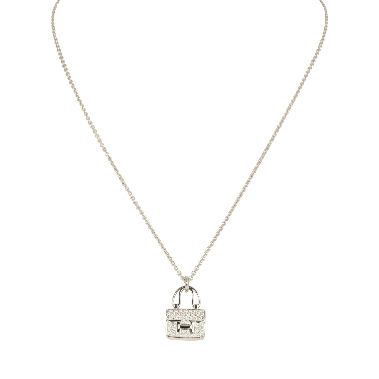HERMèS AMULETTES CONSTANCE PENDANT NECKLACE DIAMONDS 18K WHITE GOLD