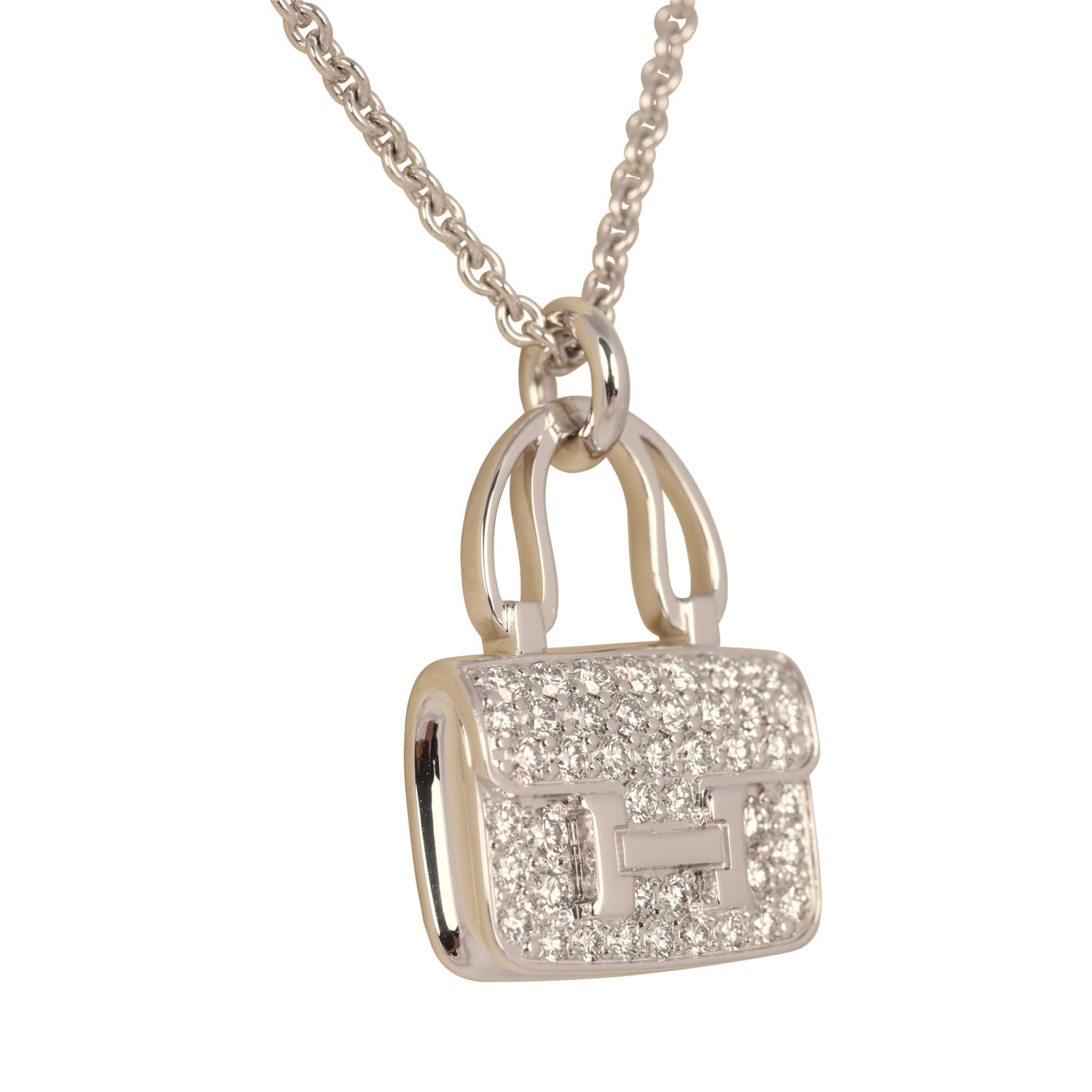 HERMèS AMULETTES CONSTANCE PENDANT NECKLACE DIAMONDS 18K WHITE GOLD