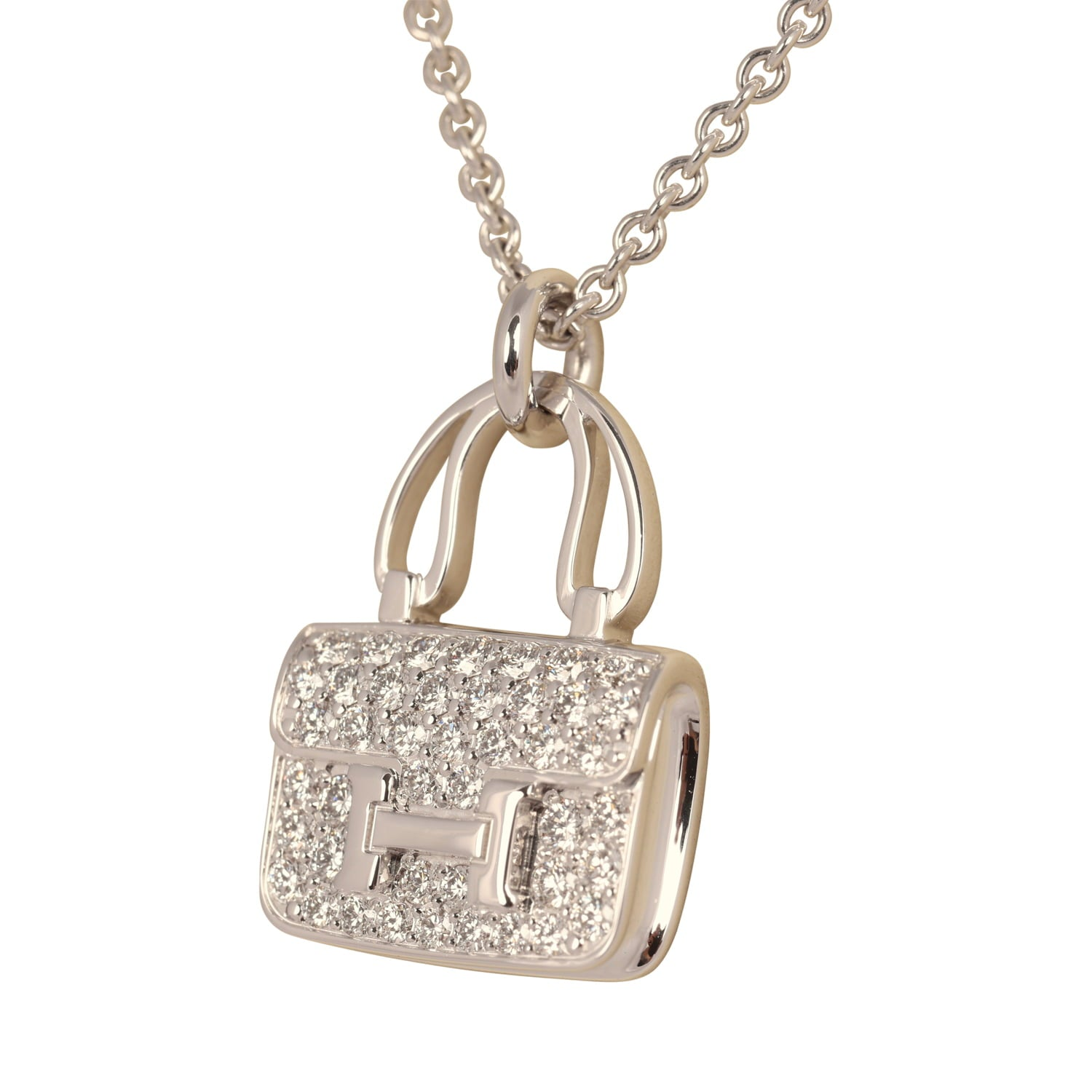 HERMèS AMULETTES CONSTANCE PENDANT NECKLACE DIAMONDS 18K WHITE GOLD