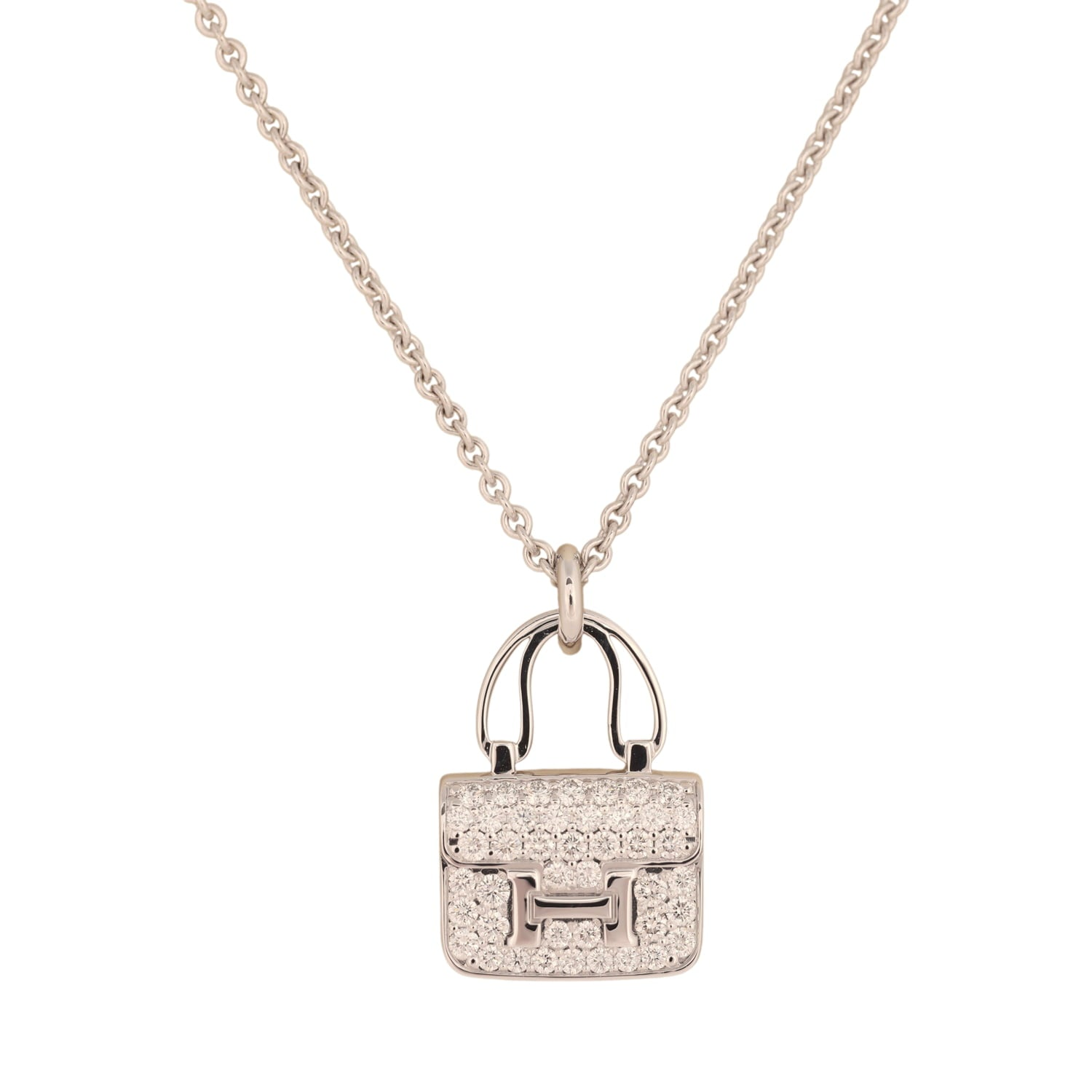 HERMèS AMULETTES CONSTANCE PENDANT NECKLACE DIAMONDS 18K WHITE GOLD