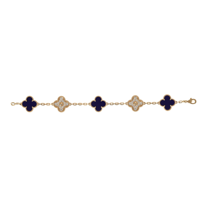 VAN CLEEF & ARPELS LIMITED EDITION "VENDOME" VINTAGE ALHAMBRA DIAMOND BRACELET AND BLUE SEVRES PORCELAIN 18K YELLOW GOLD