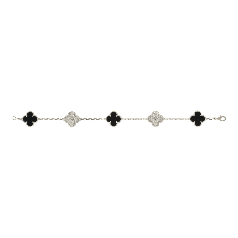 VAN CLEEF & ARPELS VINTAGE ALHAMBRA 5 MOTIF BRACELET ONYX DIAMONDS AND 18K WHITE GOLD