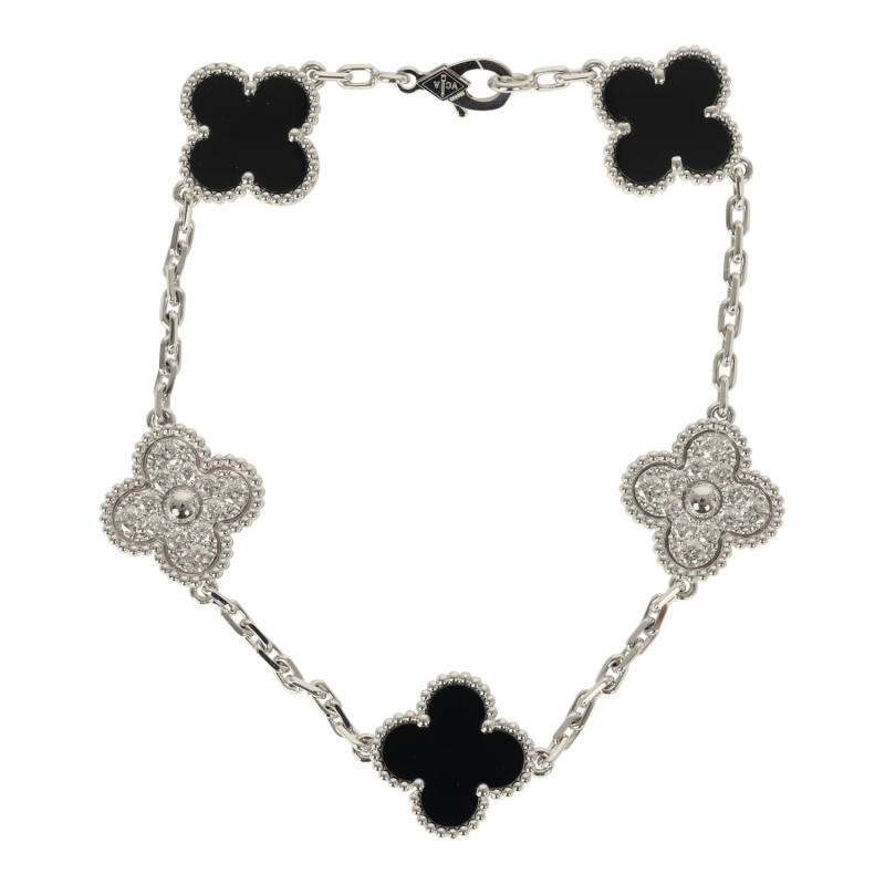VAN CLEEF & ARPELS VINTAGE ALHAMBRA 5 MOTIF BRACELET ONYX DIAMONDS AND 18K WHITE GOLD