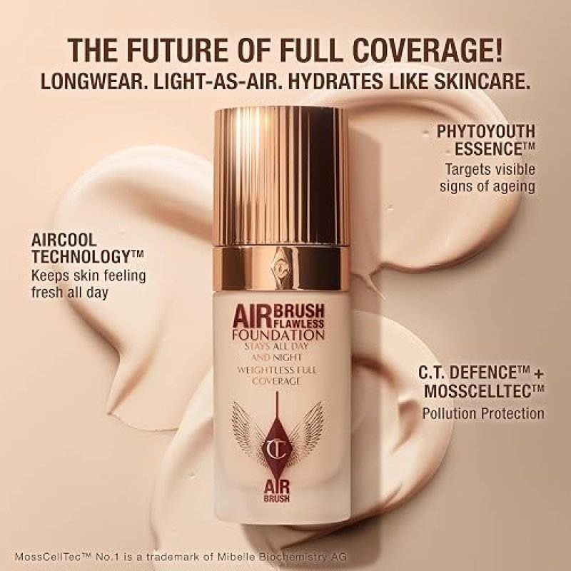 CHARLOTTE TILBURY AIRBRUSH FLAWLESS MATTE FOUNDATION FULL COVERAGE, WATERPROOF, PORE-BLURRING