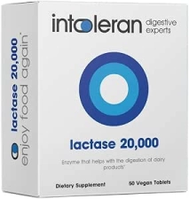 INTOLERAN LACTASE 20,000 IU DIGESTIVE ENZYME TABLETS 50 SCORED PILLS FOR LACTOSE INTOLERANCE
