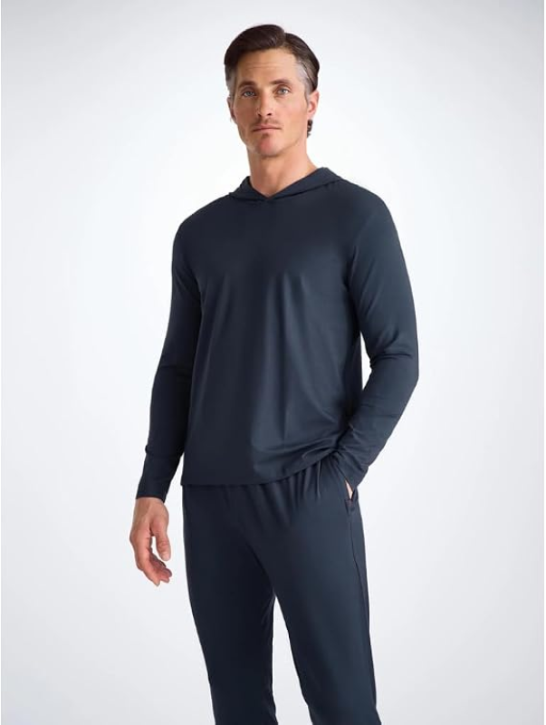 DEREK ROSE MENS BASEL NAVY LONG SLEEVE HOODED TOP MICRO MODAL JERSEY SHIRT