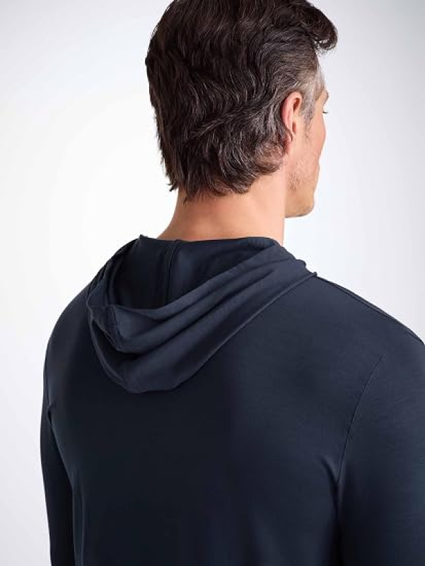 DEREK ROSE MENS BASEL NAVY LONG SLEEVE HOODED TOP MICRO MODAL JERSEY SHIRT
