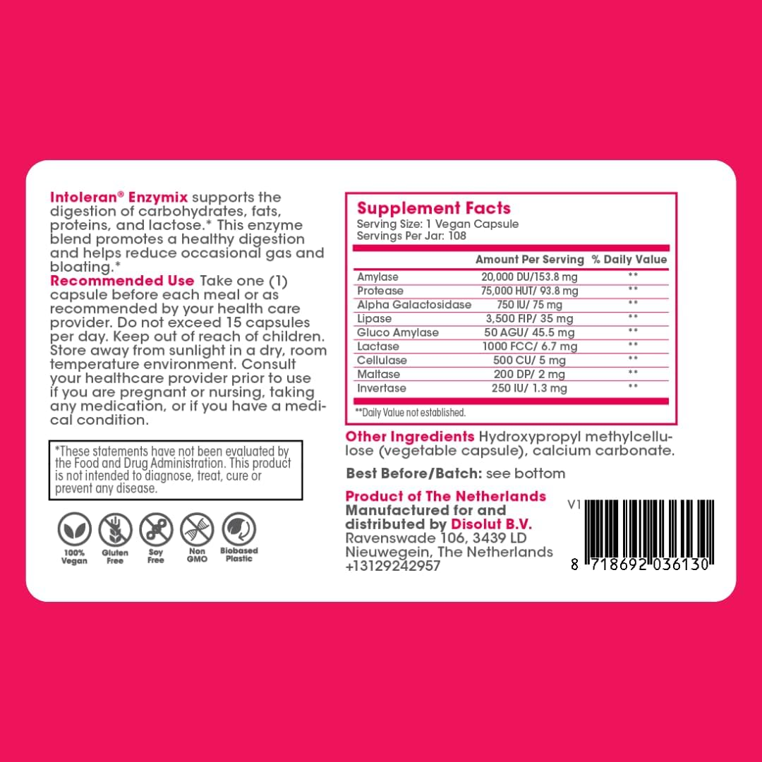 INTOLERAN LIPASE DIGESTIVE ENZYME SUPPLEMENT 108 CAPSULES FOR IMPROVED DIGESTION