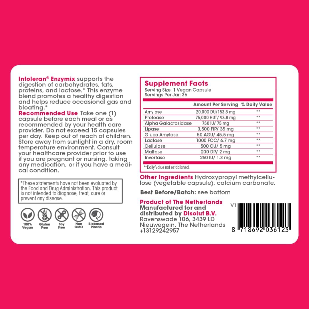INTOLERAN LIPASE DIGESTIVE ENZYME SUPPLEMENT 36 CAPSULES FOR IMPROVED DIGESTION