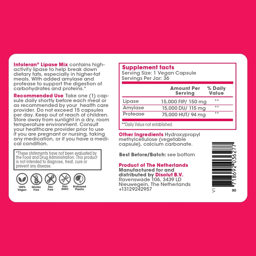 INTOLERAN ENZYMIX DIGESTIVE ENZYMES SUPPLEMENT 36 CAPSULES FOR IMPROVED DIGESTION