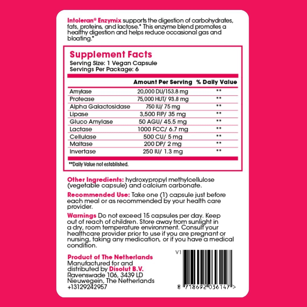 INTOLERAN ENZYMIX DIGESTIVE ENZYMES TEST PACK 6 CAPSULES FOR IMPROVED DIGESTION