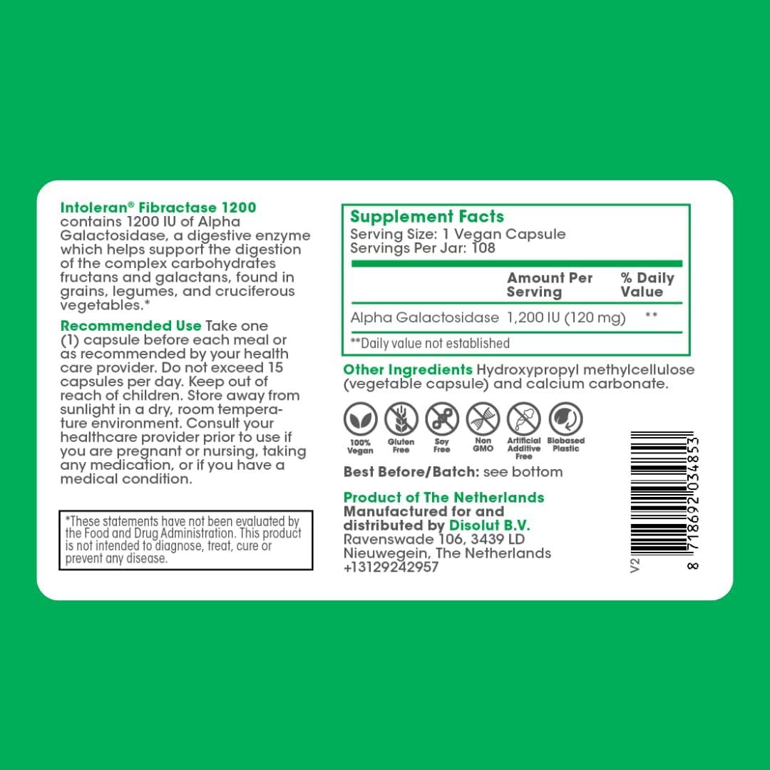 INTOLERAN FIBRACTASE 1200 DIGESTIVE ENZYME CAPSULES - 108 COUNT FOR DIGESTIVE HEALTH
