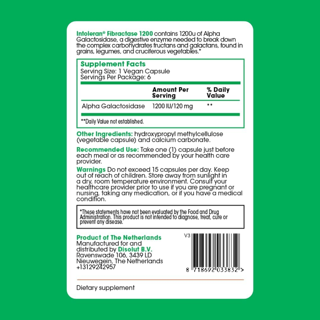 INTOLERAN FIBRACTASE 1200 DIGESTIVE ENZYMES TEST PACK - 6 CAPSULES FOR DIGESTIVE SUPPORT