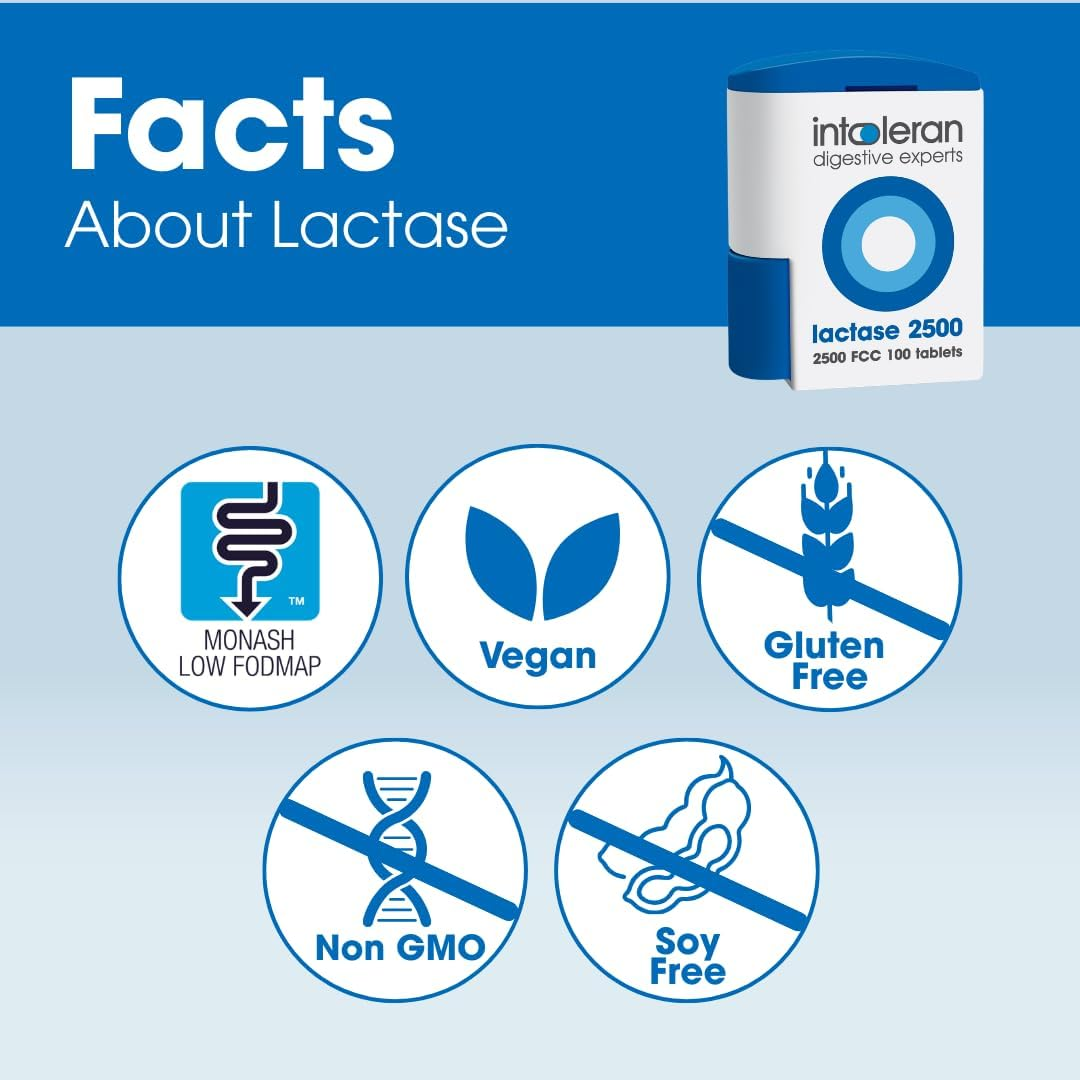 INTOLERAN LACTASE 2500 DIGESTIVE ENZYME TABLETS 100 COUNT DISPENSER FOR LACTOSE INTOLERANCE