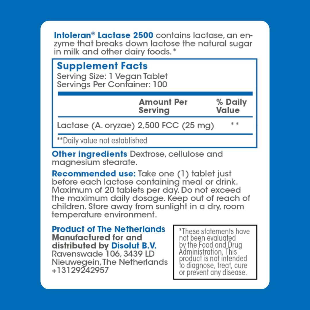INTOLERAN LACTASE 2500 DIGESTIVE ENZYME TABLETS 100 COUNT DISPENSER FOR LACTOSE INTOLERANCE