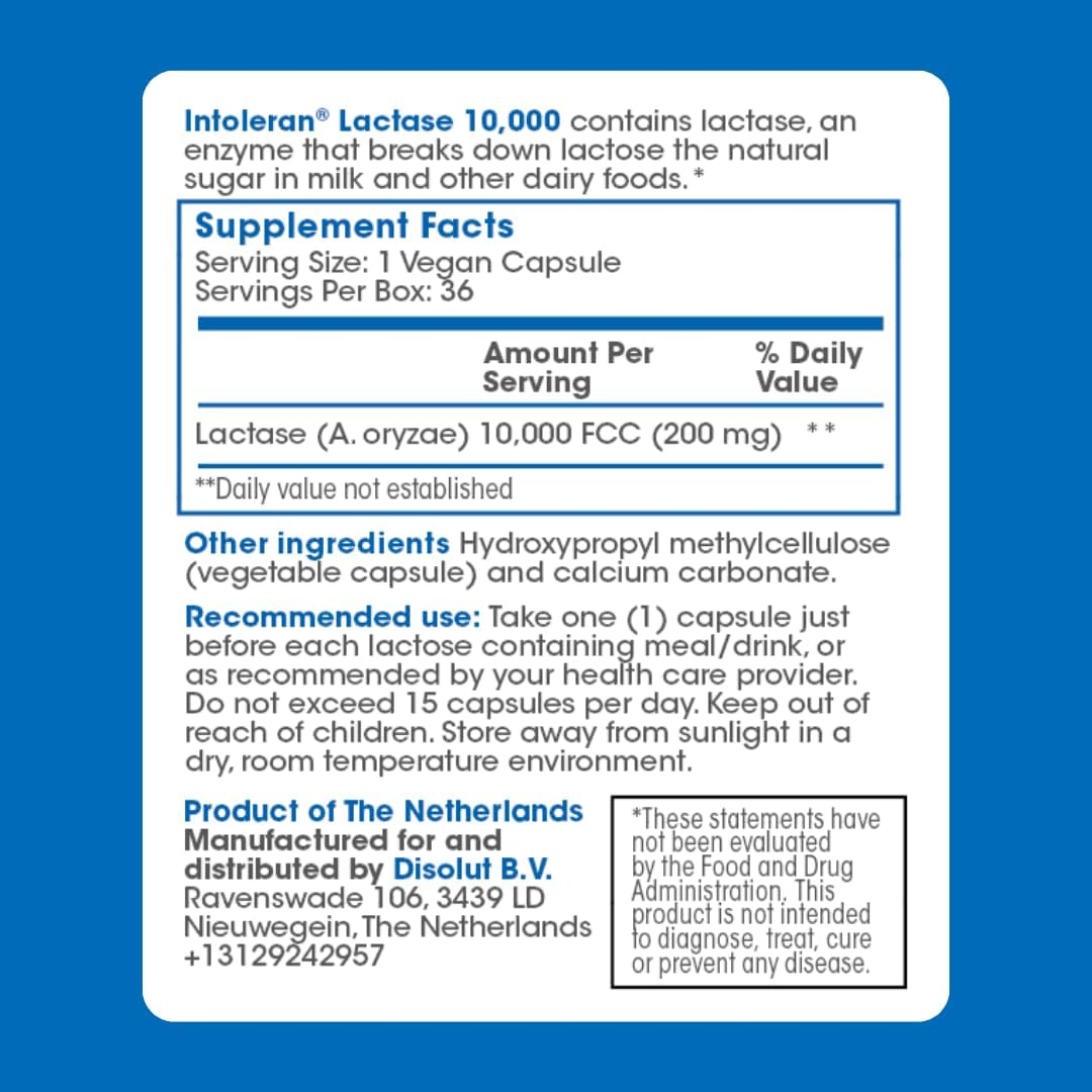 INTOLERAN LACTASE 10,000 IU DIGESTIVE ENZYME SUPPLEMENT - 36 CAPSULES FOR LACTOSE INTOLERANCE