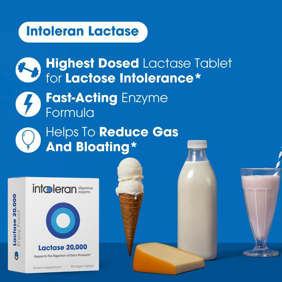 INTOLERAN LACTASE 20,000 IU DIGESTIVE ENZYME TABLETS - 6 SCORED PILLS FOR LACTOSE INTOLERANCE