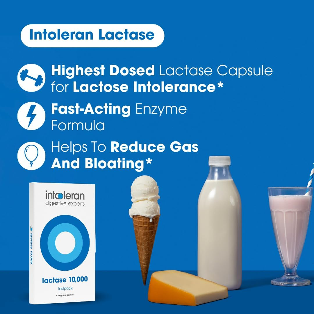 INTOLERAN LACTASE 10,000 IU DIGESTIVE ENZYME CAPSULES - 6 COUNT TEST PACK FOR LACTOSE INTOLERANCE
