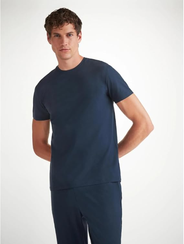 DEREK ROSE MENS SHORT SLEEVE MICRO MODAL CREW NECK T-SHIRT ATHLETIC CASUAL LOUNGE TEE  BASEL 1 DENIM