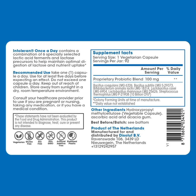 INTOLERAN ONCE DAILY PROBIOTIC LACTASE SUPPLEMENT 92 CAPSULES FOR DIGESTIVE HEALTH