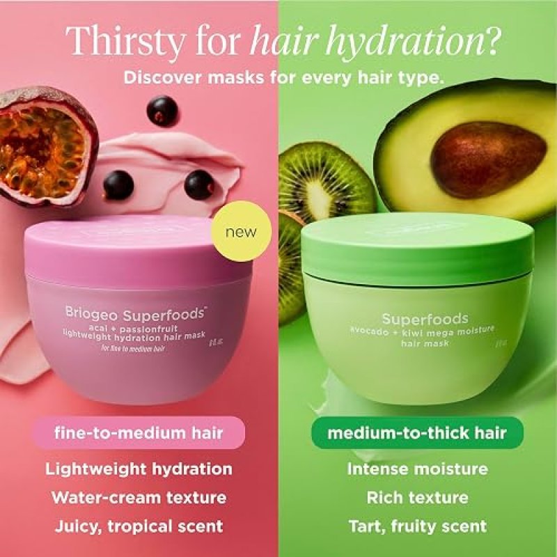 BRIOGEO ACAI PASSIONFRUIT HAIR MASK LIGHTWEIGHT DEEP CONDITIONER FOR FINE HAIR, VEGAN SHINE