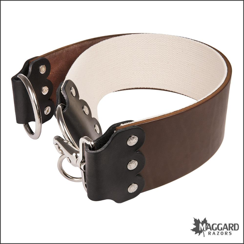MOUNTAIN MIKE 3" ENGLISH BRIDLE LEATHER STROP, CHESTNUT, COTTON WEBBING, D RINGS