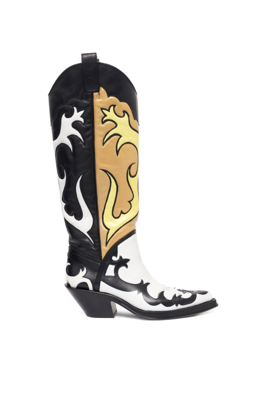 GABRIELA HEARTS HAND PAINTED CAPITANA COWBOY BOOT IN BLACK, WHITE & YELLOW LEATHER