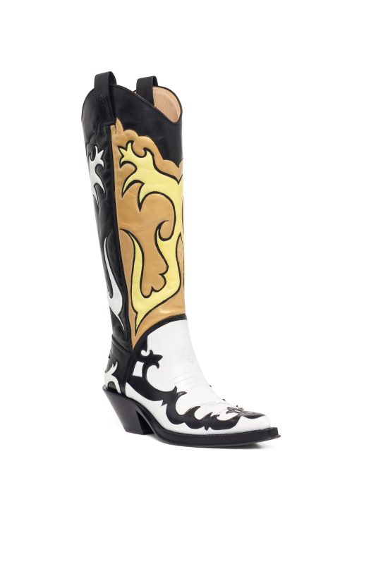 GABRIELA HEARTS HAND PAINTED CAPITANA COWBOY BOOT IN BLACK, WHITE & YELLOW LEATHER