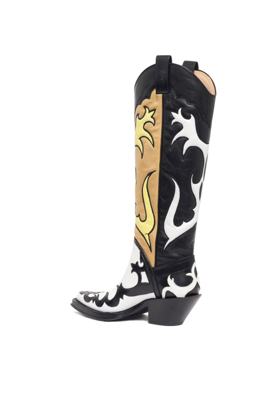 GABRIELA HEARTS HAND PAINTED CAPITANA COWBOY BOOT IN BLACK, WHITE & YELLOW LEATHER