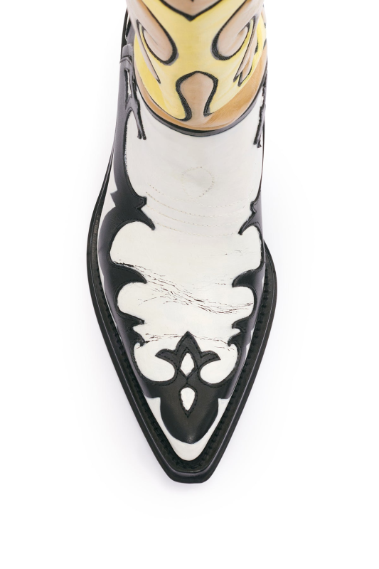 GABRIELA HEARTS HAND PAINTED CAPITANA COWBOY BOOT IN BLACK, WHITE & YELLOW LEATHER
