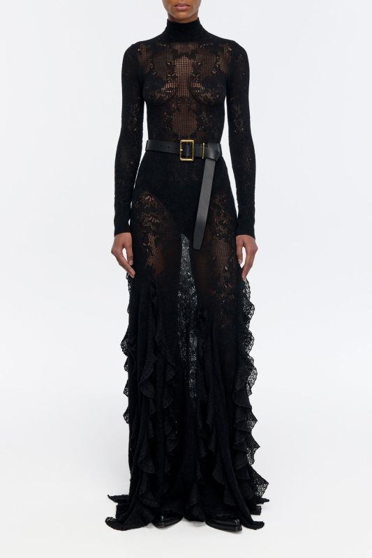 GABRIELA HEARTS GARNET POINTELLE KNIT LACE SKIRT IN BLACK SILK MERINO WOOL WITH CUSTOM RUFFLES BLACK