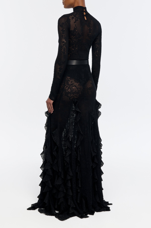 GABRIELA HEARTS GARNET POINTELLE KNIT LACE SKIRT IN BLACK SILK MERINO WOOL WITH CUSTOM RUFFLES BLACK