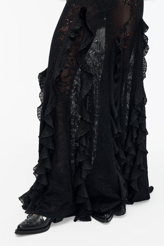 GABRIELA HEARTS GARNET POINTELLE KNIT LACE SKIRT IN BLACK SILK MERINO WOOL WITH CUSTOM RUFFLES BLACK