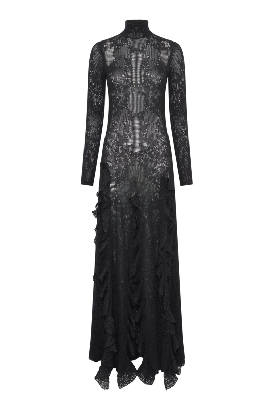 GABRIELA HEARTS SOLWAY POINTELLE KNIT LACE DRESS IN BLACK SILK MERINO WOOL WITH CUSTOM RUFFLES BLACK