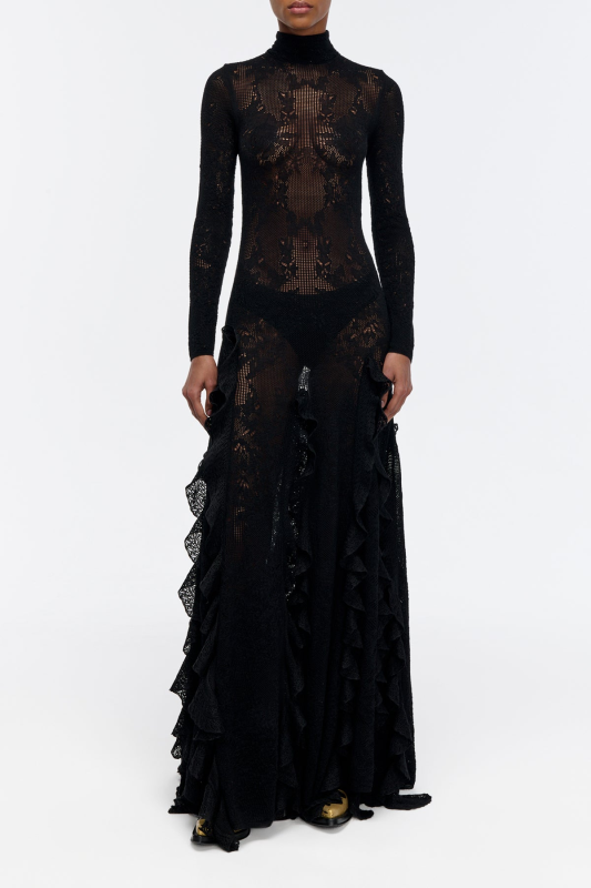 GABRIELA HEARTS SOLWAY POINTELLE KNIT LACE DRESS IN BLACK SILK MERINO WOOL WITH CUSTOM RUFFLES BLACK