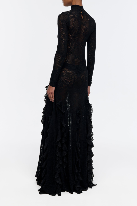 GABRIELA HEARTS SOLWAY POINTELLE KNIT LACE DRESS IN BLACK SILK MERINO WOOL WITH CUSTOM RUFFLES BLACK
