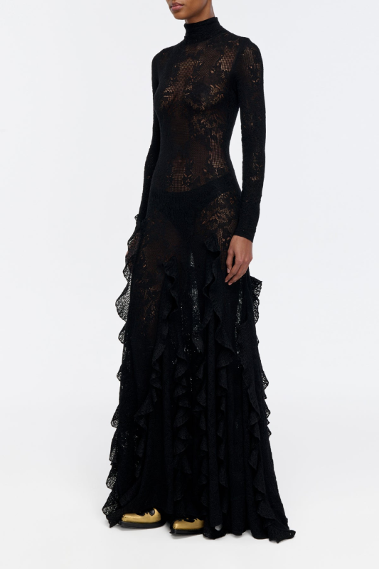 GABRIELA HEARTS SOLWAY POINTELLE KNIT LACE DRESS IN BLACK SILK MERINO WOOL WITH CUSTOM RUFFLES BLACK