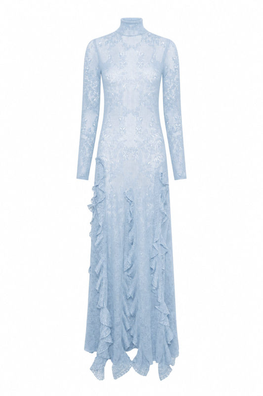 GABRIELA HEARTS SOLWAY POINTELLE KNIT LACE DRESS IN LIGHT BLUE SILK MERINO WOOL WITH CUSTOM RUFFLES LIGHT BLUE